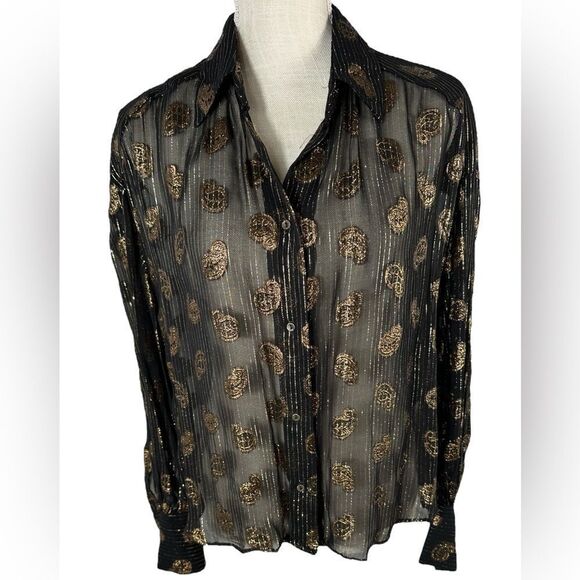 Zara Black & Gold Metallic Paisley Print Button Down Long Sleeve Blouse - Picture 4 of 10